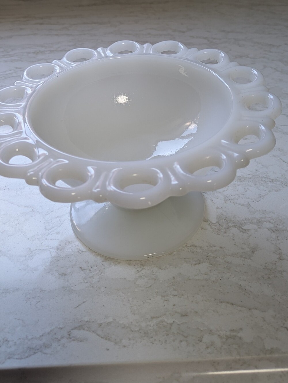 White Milk Glass Laced Edged Pedestal Bowl